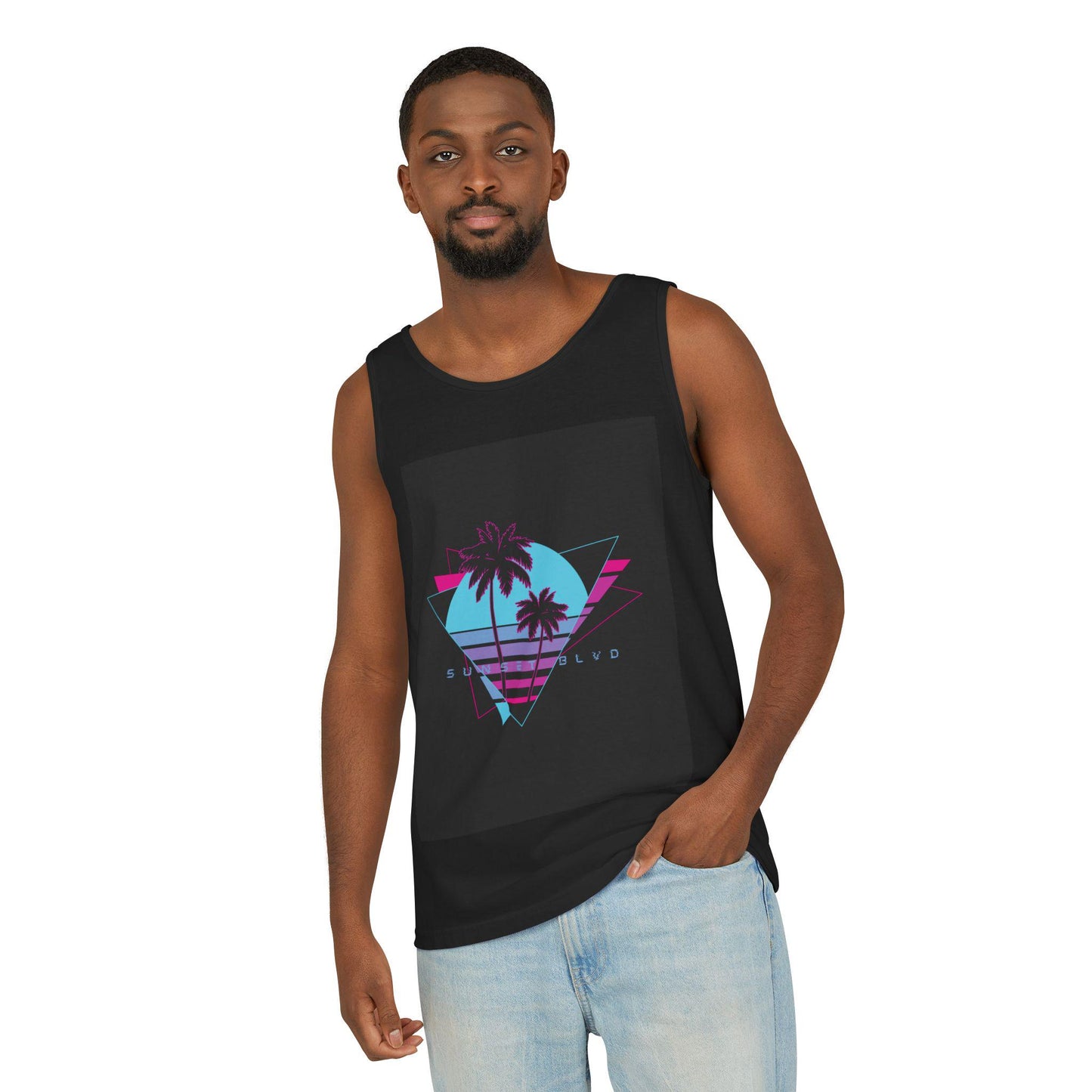 Sunset Blvd Vaporwave Tank Top - Unisex Garment-Dyed Top, Men's and Women's Clothing, Cyberpunk Apparel