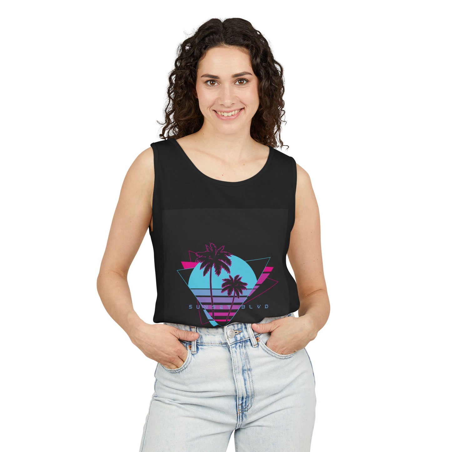 Sunset Blvd Vaporwave Tank Top - Unisex Garment-Dyed Top, Men's and Women's Clothing, Cyberpunk Apparel