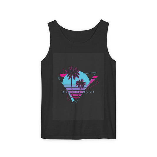 Sunset Blvd Vaporwave Tank Top - Unisex Garment-Dyed Top, Men's and Women's Clothing, Cyberpunk Apparel